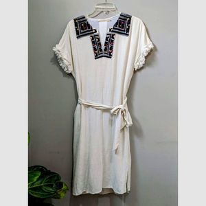 ELLISON Anthro Embroidered Linen Blend Dress Small